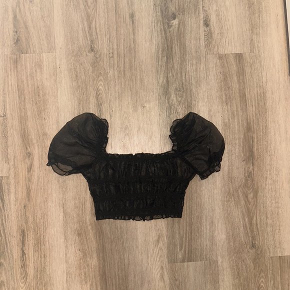 Forever 21 Black Sheer Puff Sleeve Crop Top - Picture 2 of 3